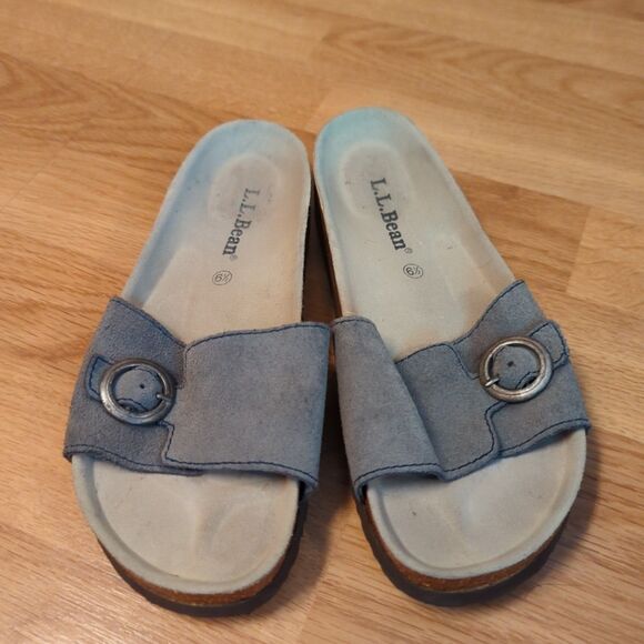 L.L. Bean Slides Sandals Women 6.5 Blue Leather Open Toe Buckle Cork - Picture 2 of 6